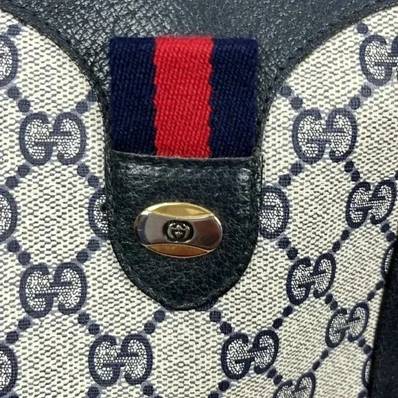 Vintage Gucci Boston Hand Bag Satchel Purse Monogram Navy Canvas Leather - Picture 13 of 16